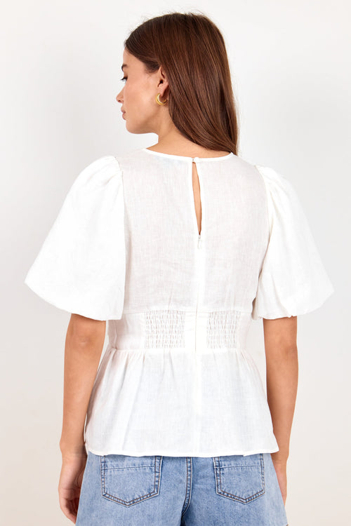A woman shown from the back wearing a white short-sleeve blouse with puff sleeves, a smocked waist seam, and a small keyhole cutout at the back, paired with light blue denim shorts against a plain white studio background.