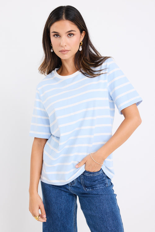 model wears a pale blue t shirt with white stripes