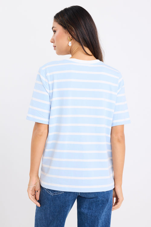 model wears a pale blue t shirt with white stripes