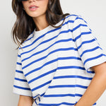 model wears Blue & White Stripe Boxy Tee Shirt 