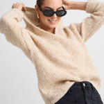 Model wears Beige Hooded Knit Jumper 