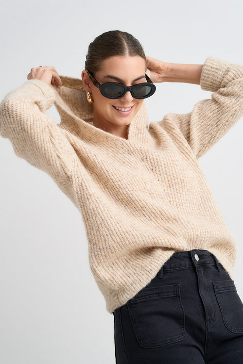 Model wears Beige Hooded Knit Jumper 