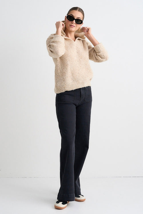 Model wears Beige Hooded Knit Jumper 