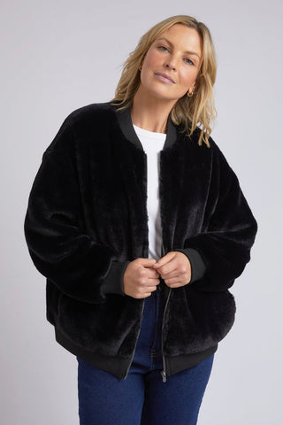 model wears Black Fur Bomber