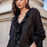 Bohemian Black Sheer Frill Front Blouse