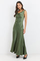 Bountiful Olive Satin Tie Back Bias Slip Maxi Dress