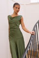 Bountiful Olive Satin Tie Back Bias Slip Maxi Dress