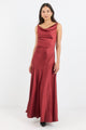 Bountiful Paprika Satin Tie Back Bias Slip Maxi Dress