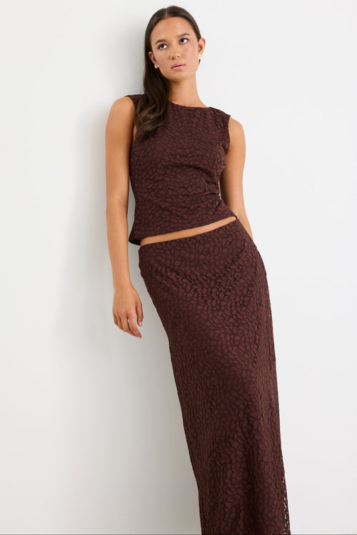 Woman wears a brown lace top