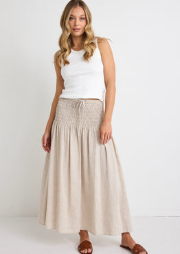 Byron Natural Linen Shirred Waist Maxi Skirt