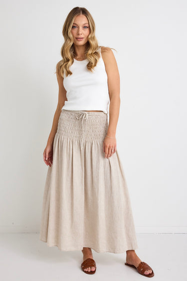 Byron Natural Linen Shirred Waist Maxi Skirt