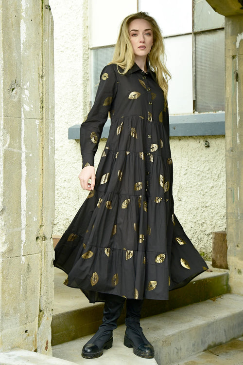 COOP gold and black print maxi collared long sleeve dress