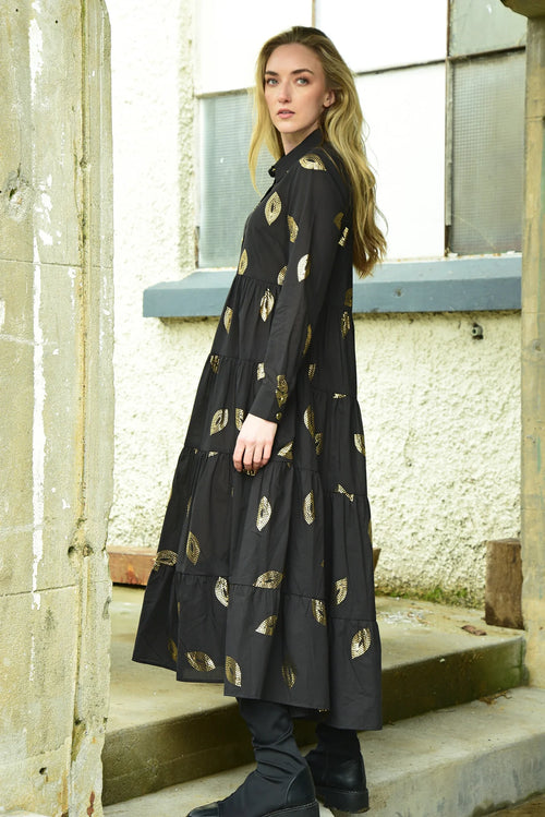 COOP gold and black print maxi collared long sleeve dress
