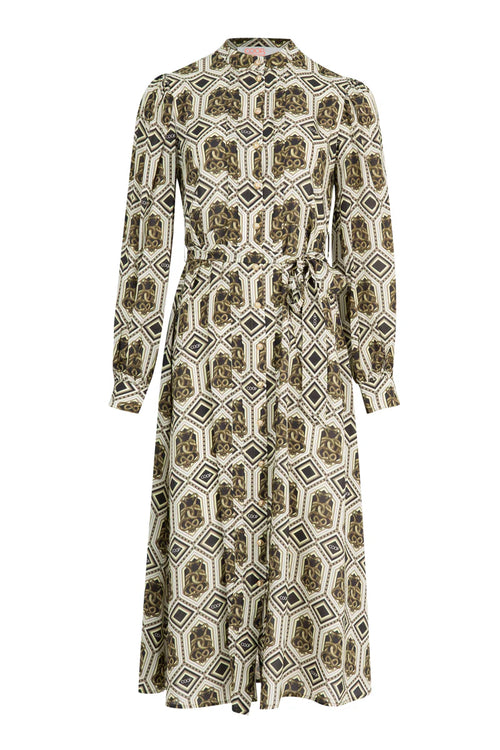 Long-sleeve dress with geometric pattern on a white background