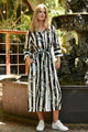 Stripe A Pose Black Striped Olive Print SS Midi Shirt Dress