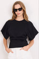 Cadence Black Cotton Gathered Waist Detail Short Sleeve Tee