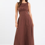 A chocolate brown dress with strappy sleeves and a shirred back for a flattering fit. Made from a breathable blend of 45% Linen and 55% Cotton, and fully lined for comfort.