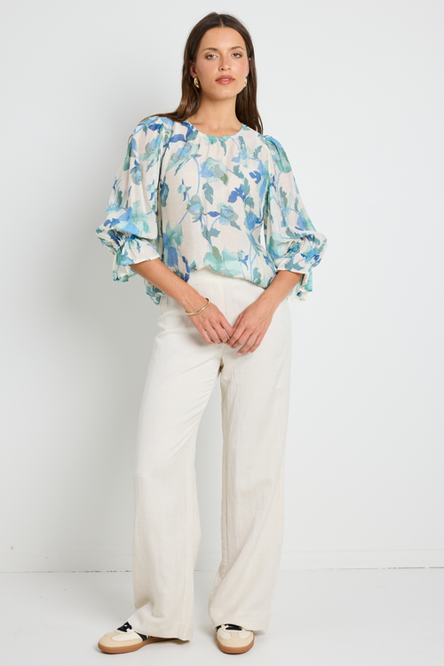 Candid Blue Cream Floral Frill Sleeve Crew Neck SS Top