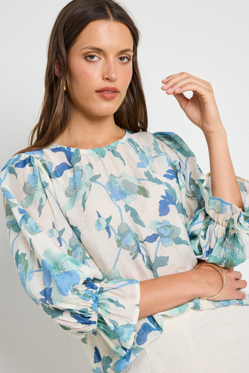Candid Blue Cream Floral Frill Sleeve Crew Neck SS Top