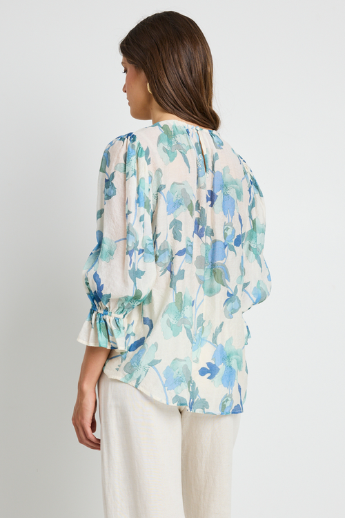 Candid Blue Cream Floral Frill Sleeve Crew Neck SS Top