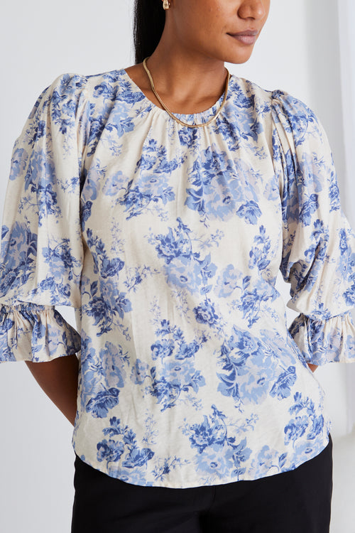 model wears blue floral top