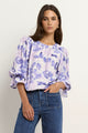 Candid Ivory Blue Floral Frill Sleeve Crew Neck SS Top