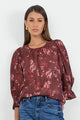 Candid Plum Smudge Floral Frill Sleeve Crew Neck Top