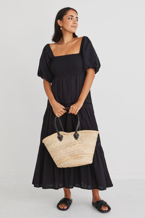 Captivate Black Cotton Puff Sleeve Tiered Midi Dress WW Dress Ivy + Jack   