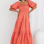 Captivate Watermelon Puff Sleeve Tiered Midi Dress WW Dress Ivy + Jack   