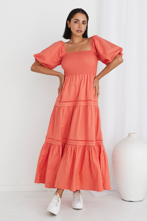 Captivate Watermelon Puff Sleeve Tiered Midi Dress WW Dress Ivy + Jack   