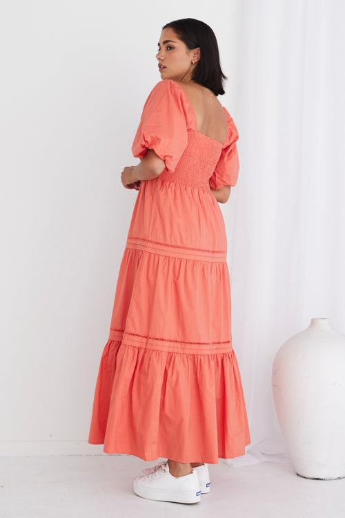 Captivate Watermelon Puff Sleeve Tiered Midi Dress WW Dress Ivy + Jack   