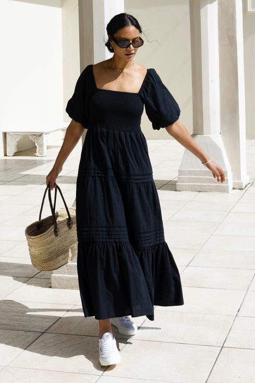 Captivate Black Cotton Puff Sleeve Tiered Midi Dress WW Dress Ivy + Jack   