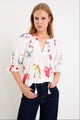 Cassia Cream Poppy Floral V Neck Short Pin Tuck Sleeve Mandarin Collar Top