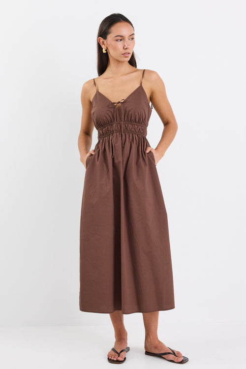 Shop Cast Chocolate Cotton Strappy Midi Dress | Flo & Frankie Shop Cast Chocolate Cotton Strappy Midi Dress | Flo & Frankie