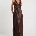 Castle Chocolate Satin Lace Trim Maxi Dress
