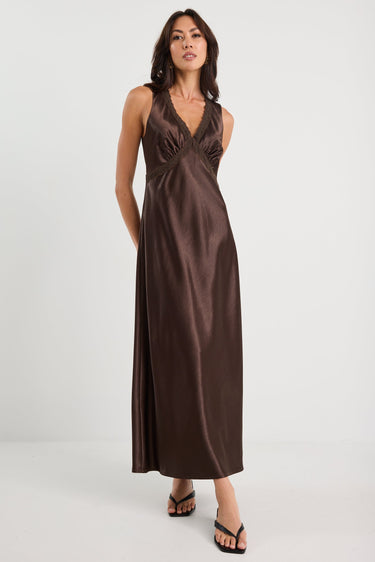Castle Chocolate Satin Lace Trim Maxi Dress