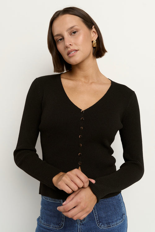 Woman wearing a fitted black ribbed button-down cardigan with a deep V neckline and blue jeans.
