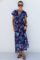 Chariot Burgundy Blue Floral Flutter Sleeve Maxi Dress