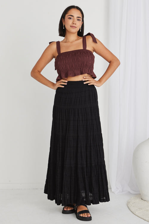 Charming Black Shirred Cotton Tiered Maxi Skirt WW Skirt Ivy + Jack   