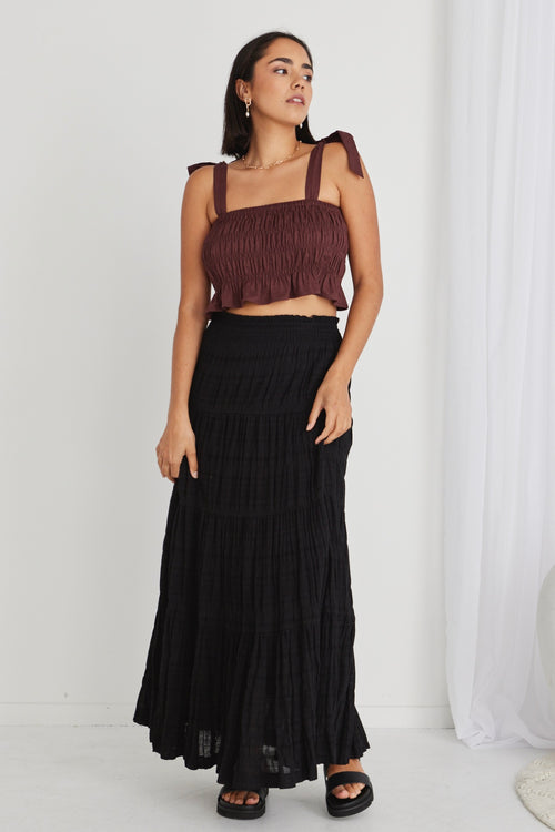 Charming Black Shirred Cotton Tiered Maxi Skirt WW Skirt Ivy + Jack   