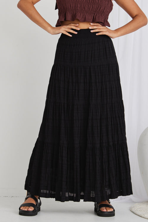 Charming Black Shirred Cotton Tiered Maxi Skirt WW Skirt Ivy + Jack   