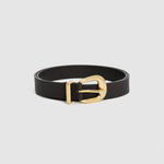 A black leather belt with a polished gold-tone metal buckle, presented on a light gray background.