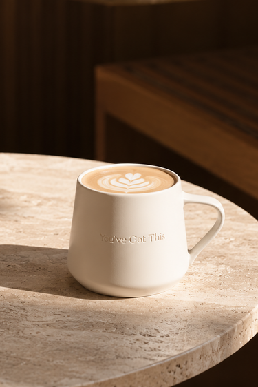 A white ceramic coffee mug with a handle, filled with a latte and resting on a round stone table in warm sunlight.
