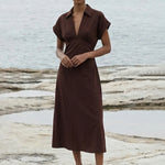 Rhodes Chocolate Button Through Linen Blend SS Midi Dress