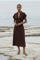 Rhodes Chocolate Button Through Linen Blend SS Midi Dress