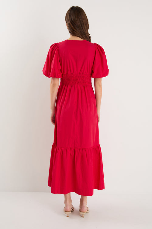 model wearing red puff sleeve dress 