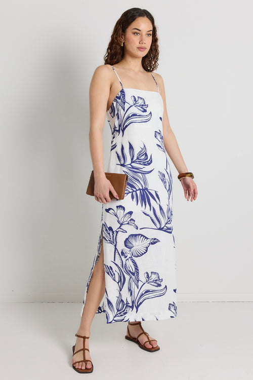 model wears a white and blue floral midi dress