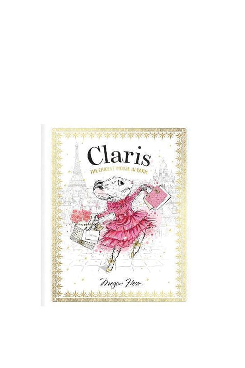 Book cover of 'Claris' with a stylized illustration of a dog in a dress holding flowers and a handbag.