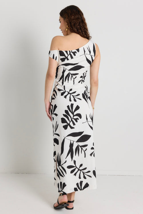 model wears a black and white maxi dress