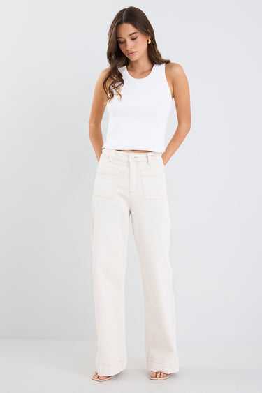 Zoey Ecru High Rise Wide Leg Pocket Jean